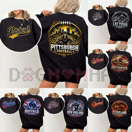 Back view of the Unisex City Football Vintage Game Day Hoodie and Sweatshirt displaying large retro sports graphic artwork across the shoulders. - dogmomhat