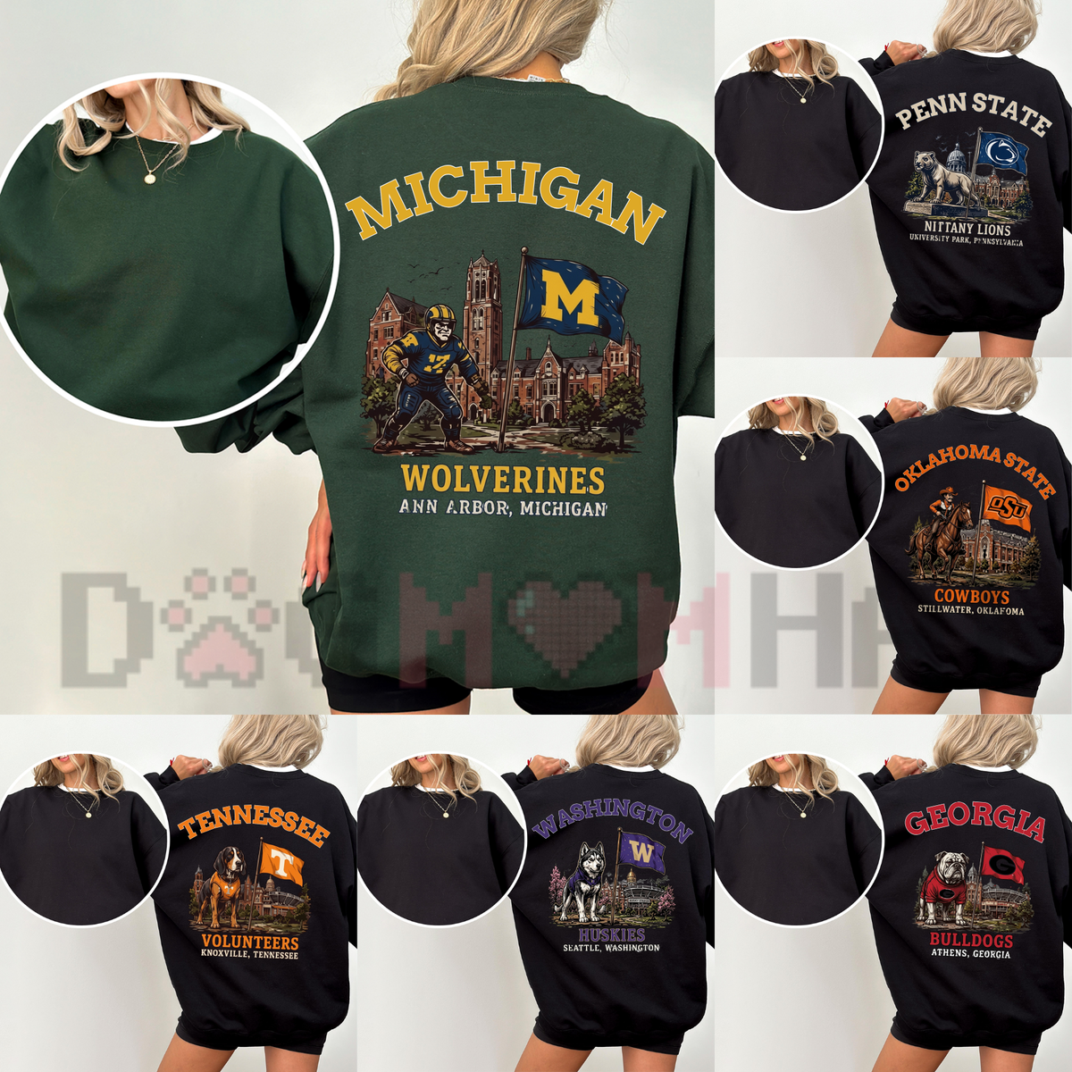 Back view of the Vintage College Mascot Black Sweatshirt displaying large retro university sports graphic artwork across the shoulders. - dogmomhat