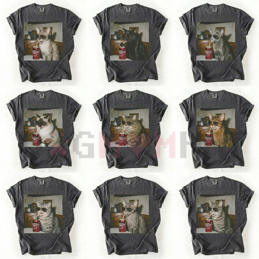 Cat Breeds Drinking Soda Vintage Graphic Tee - dogmomhat