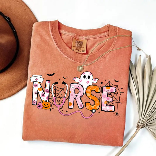 Comfort Colors "Spooky Nurse" Halloween Shirt – Cute Nursing Tee, Gift for Nurse, Soft Cotton Graphic Top for Women - DOgmomhat