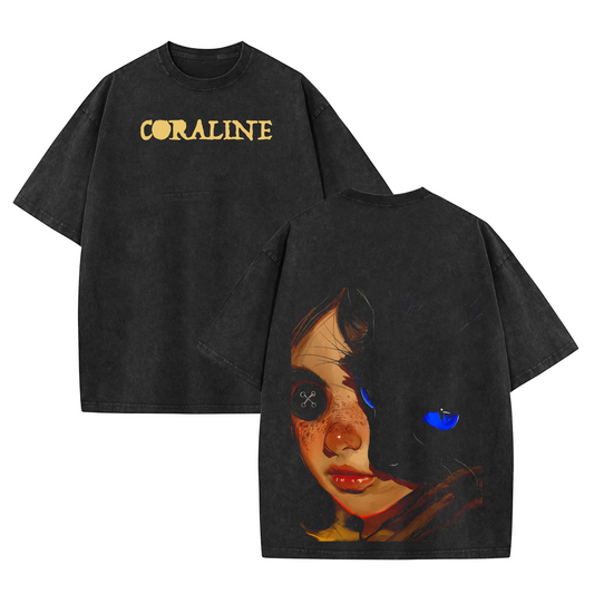 Coraline Retro Vintage Unisex Acid Washed Heavyweight Cotton T-Shirt - Dogmomhat