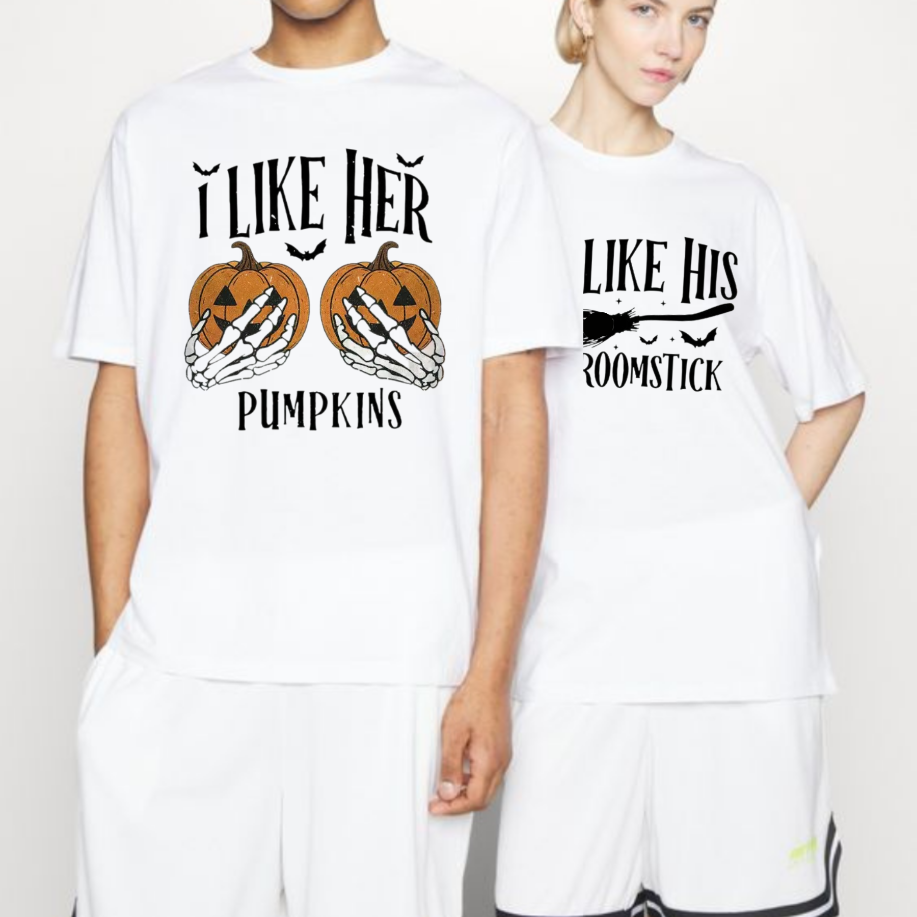Couple Halloween Shirt – "I Like Her Pumpkins" & "I Like His Broomstick", Matching Funny Halloween T-Shirt - Dogmomhat