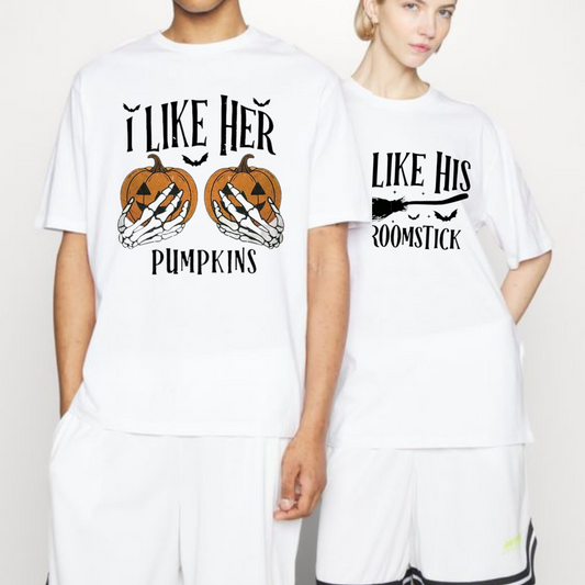 Couple Halloween Shirt – "I Like Her Pumpkins" & "I Like His Broomstick", Matching Funny Halloween T-Shirt - Dogmomhat