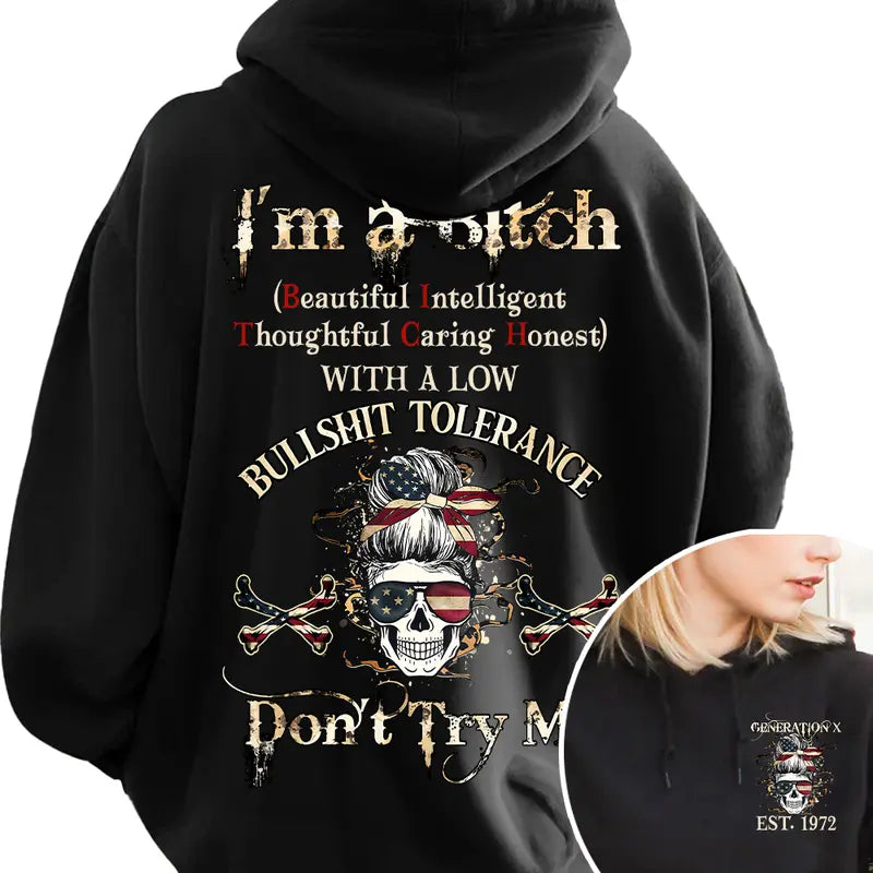 Custom Year Gen X Skull Hoodie – Two-Sided "Don't Try Me" FAFO, Raised on Hose Water & Neglect - Dogmomhat