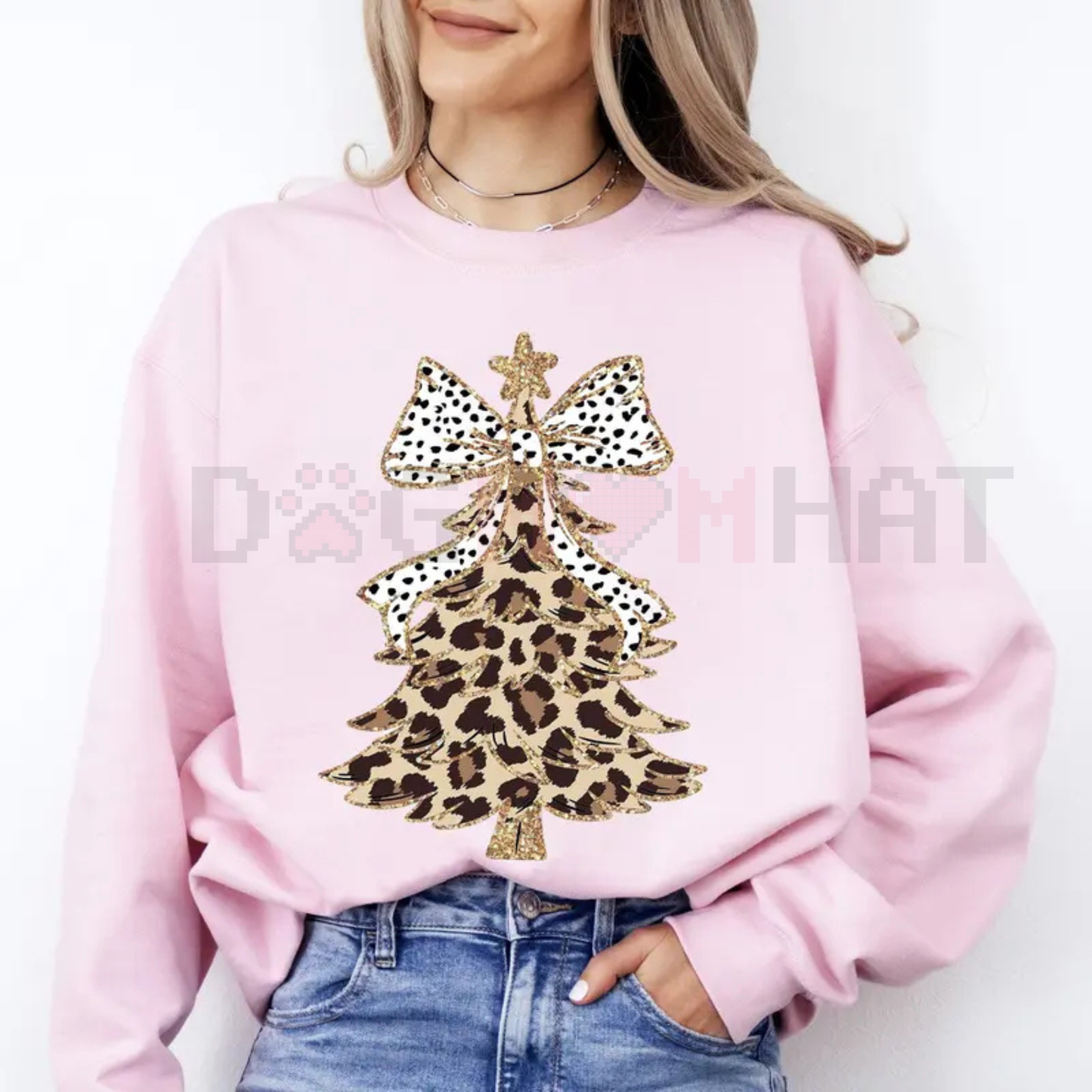 Cute Leopard Print Christmas Tree Crewneck – Women's Girly Holiday Sweatshirt - dogmomhat