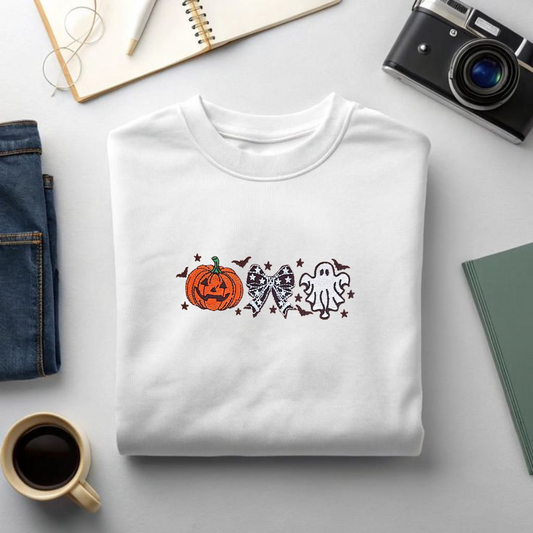 Cutesy Spooky Bows Embroidered T-Shirt – Cute Halloween Tee - Dogmomhat