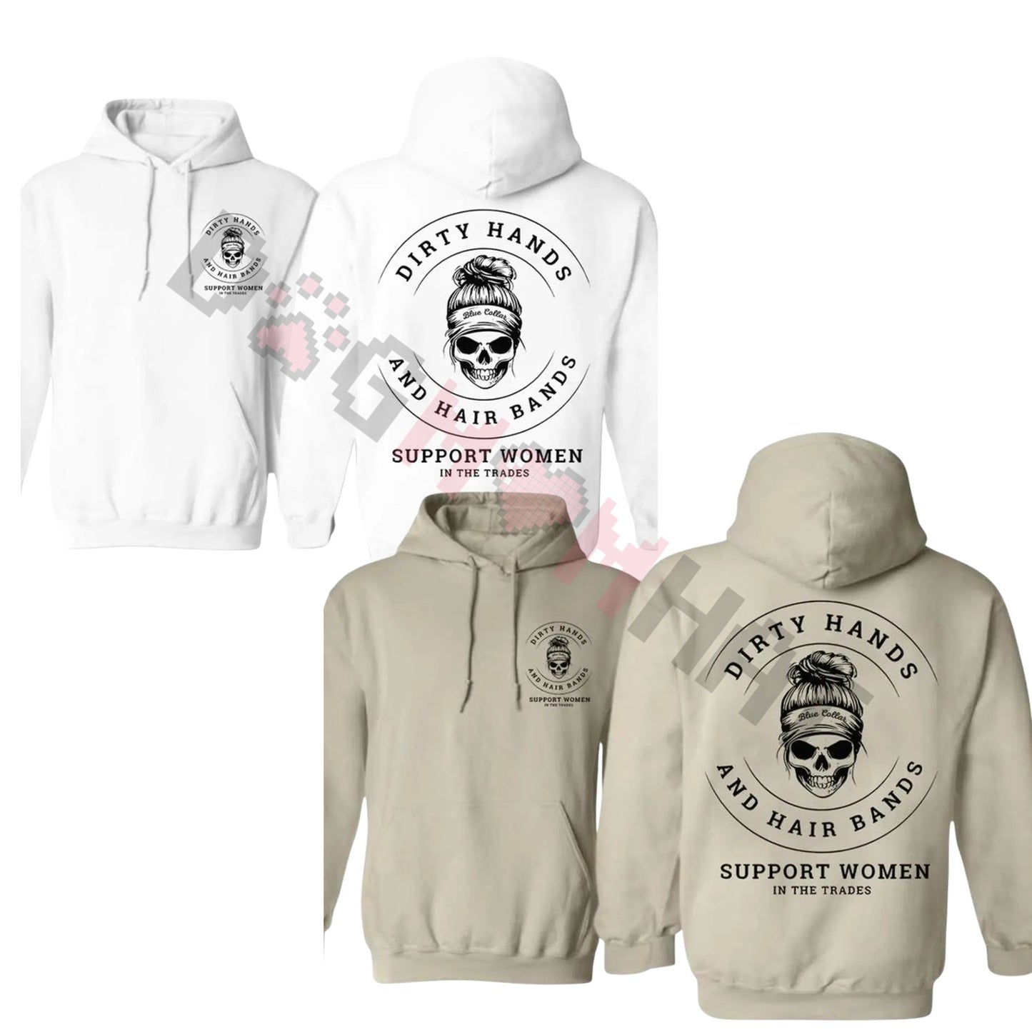 "Dirty Hands and Hair Bands" Skull Blue Collar Hoodie & Crewneck – Support Women In The Trades, Skilled Trades Cotton Fabric Pullover - Dogmomhat
