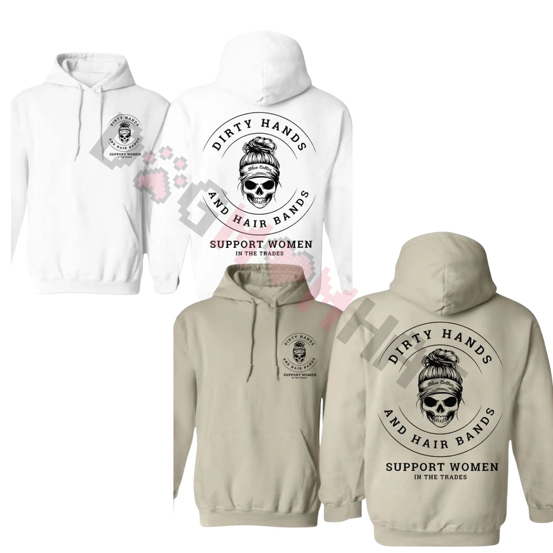 "Dirty Hands and Hair Bands" Skull Blue Collar Hoodie & Crewneck – Support Women In The Trades, Skilled Trades Cotton Fabric Pullover - Dogmomhat