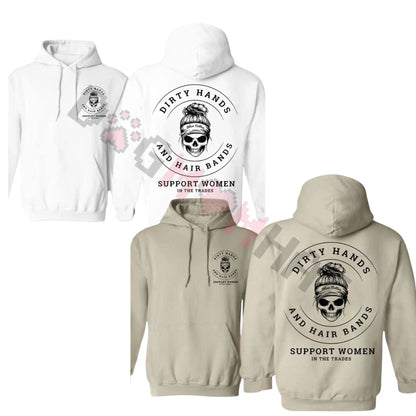 "Dirty Hands and Hair Bands" Skull Blue Collar Hoodie & Crewneck – Support Women In The Trades, Skilled Trades Cotton Fabric Pullover - Dogmomhat