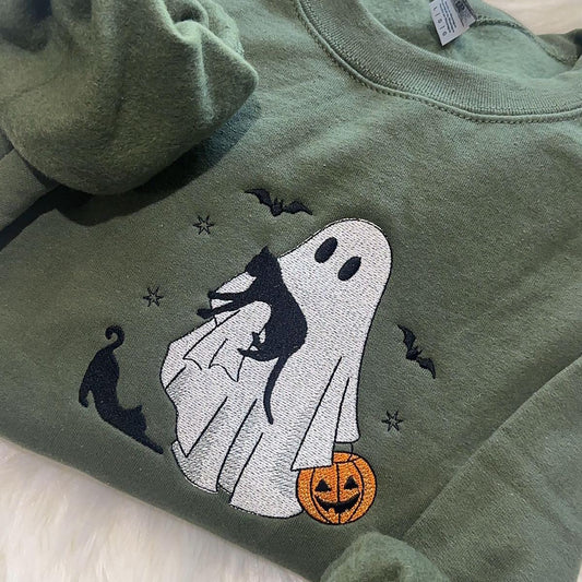 Embroidered Halloween Ghosts & Cats Sweatshirt – Cozy Fall Crewneck for Spooky Season Style - Dogmomhat