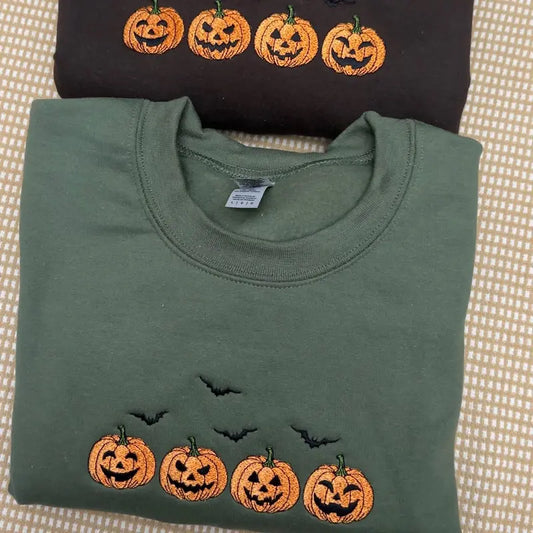Embroidered Halloween Pumpkins Sweatshirt - Spooky Season Apparel with Bats - Dogmomhat