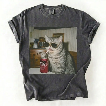 Cat Breeds Drinking Soda Vintage Graphic Tee