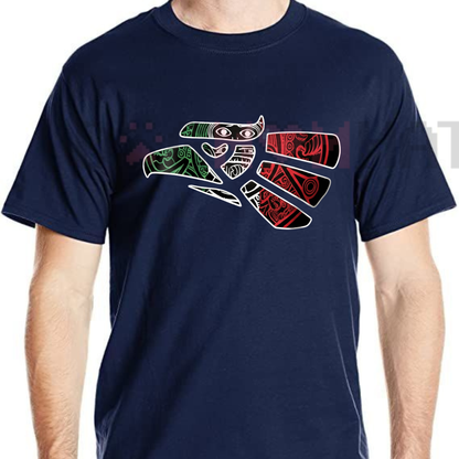 Front view of Latino Heritage Cotton T-Shirt featuring Green White Red Mexico Eagle Tribal Art Design - dogmomhat