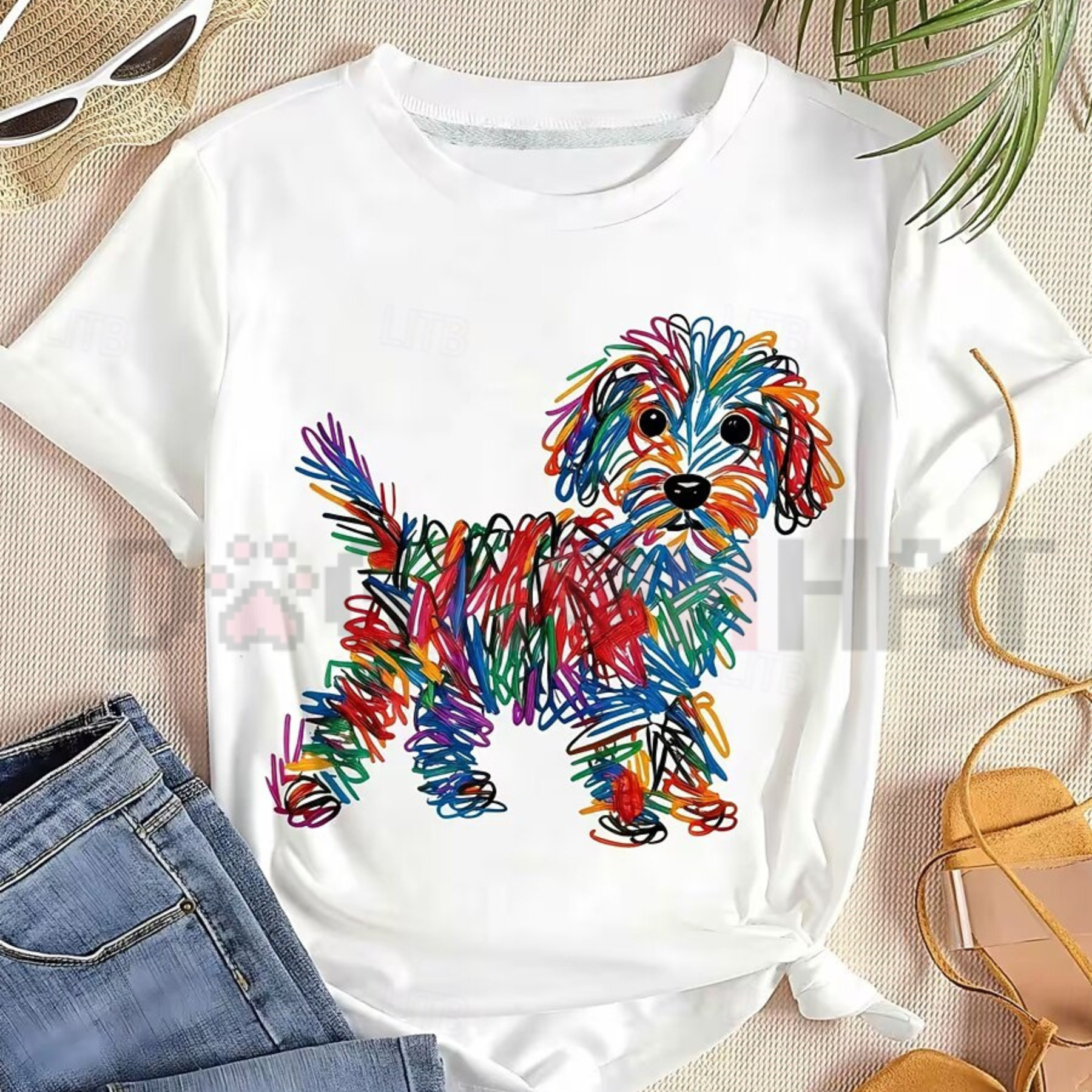 Front view of Rainbow Line Puppy Print Cotton T-Shirt in white - dogmomhat