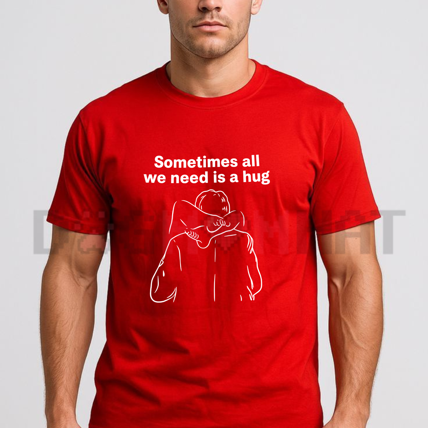Front view of Sometimes All We Need Is a Hug Minimalist Graphic T-Shirt - dogmomhat