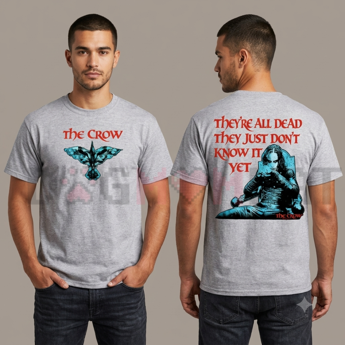 Front view of The Crow T-Shirt displaying Eric Draven movie portraiture and They're All Dead typography printed across the chest. - dogmomhat