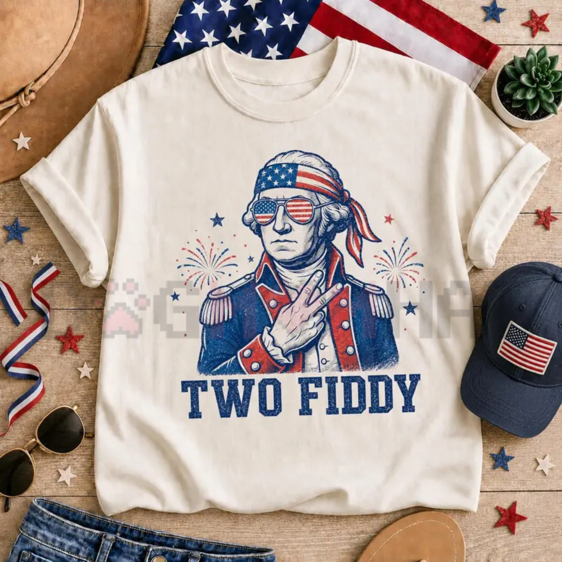 Front view of Two Fiddy George Washington Patriotic Meme T-Shirt - dogmomhat