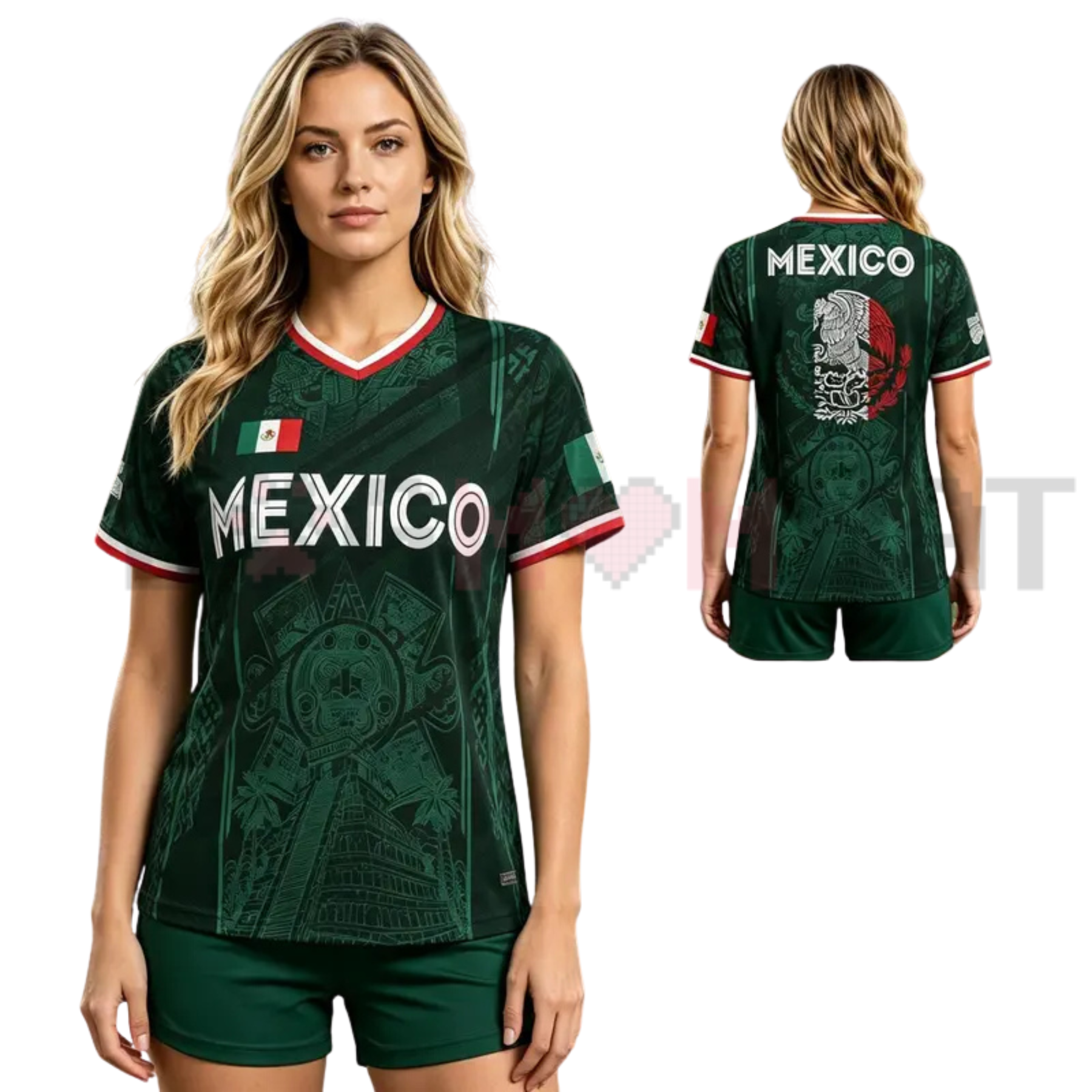 Front view of the 2026 Mexico Soccer Jersey displaying the Chichén Itzá pyramid graphic all-over print - DOGMOMHAT