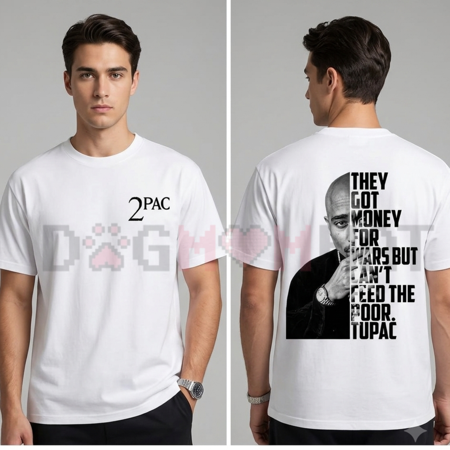 Front view of the 2Pac Tupac Shakur Graphic T-Shirt showing the classic 90s rapper print - dogmomhat