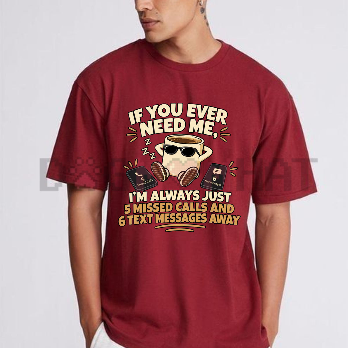 Front view of the 5 Missed Calls Away T-Shirt displaying funny introvert phone call humor typography printed across the chest. - dogmomhat