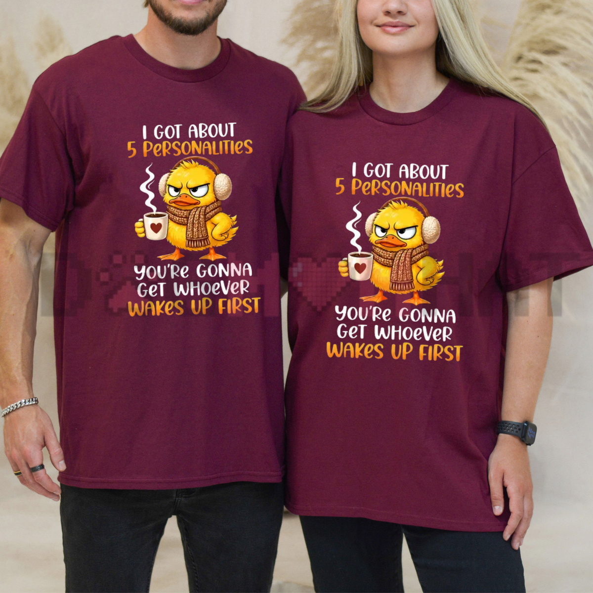 Front view of the 5 Personalities Morning Mood T-Shirt displaying five funny grumpy duck graphics and coffee quote printed across the chest. - dogmomhat