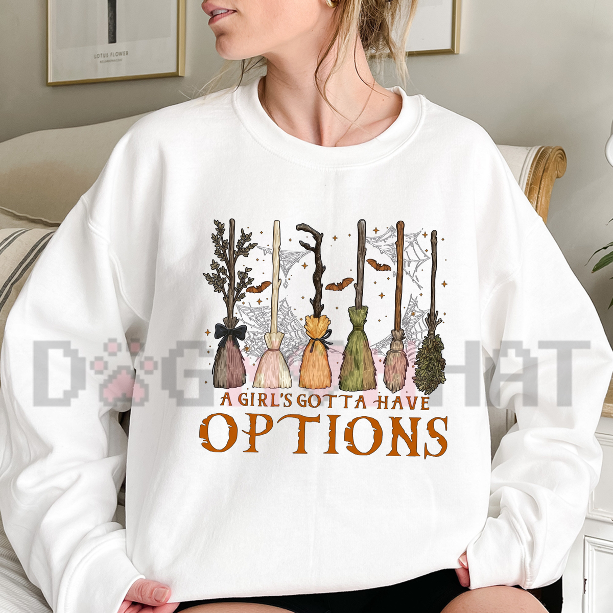 Front view of the A Girl Gotta Have Options Retro Halloween Sweatshirt displaying witchy potion graphics printed across the chest of a casual fleece crewneck. - dogmomhat