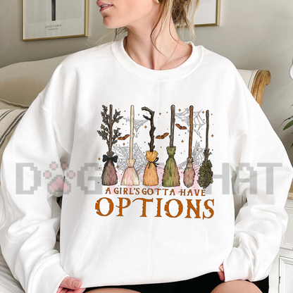 Front view of the A Girl Gotta Have Options Retro Halloween Sweatshirt displaying witchy potion graphics printed across the chest of a casual fleece crewneck. - dogmomhat