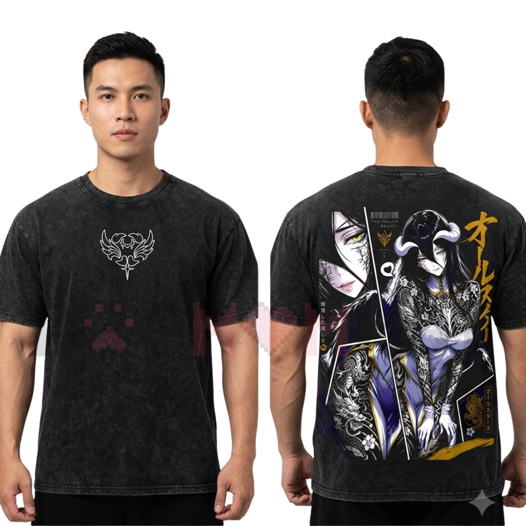 Front view of the Albedo Succubus Vintage Washed Graphic Tee showing the detailed Albedo anime design on a premium mineral-washed charcoal t-shirt - dogmomhat
