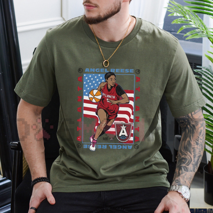 Front view of the Atlanta Hoops Star American Flag T-Shirt displaying basketball player silhouette and stars and stripes graphic artwork printed across the chest of a casual cotton tee. - dogmomnhat