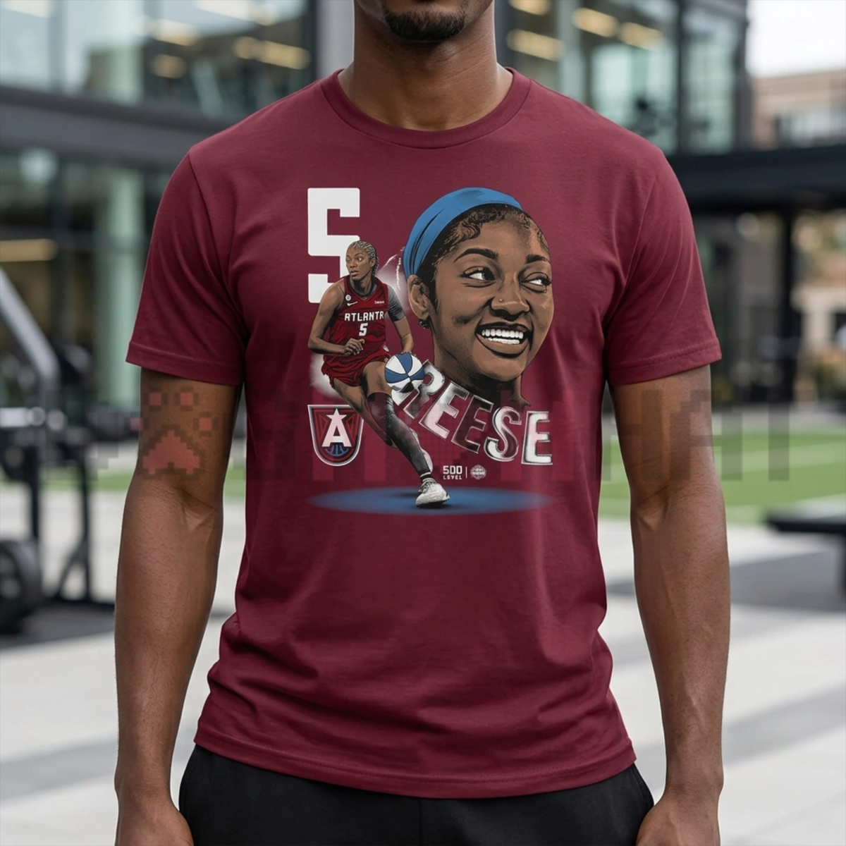 Front view of the Atlanta Hoops Star Dual Image T-Shirt displaying basketball action and tunnel fashion portrait graphic artwork printed across the chest of a casual cotton tee. - dogmomhat