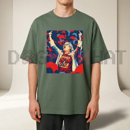 Front view of the Aunt Sue Double Middle Finger at Trump Rally T-Shirt displaying viral political protest graphics across the chest of a cotton crewneck tee. - dogmomhat