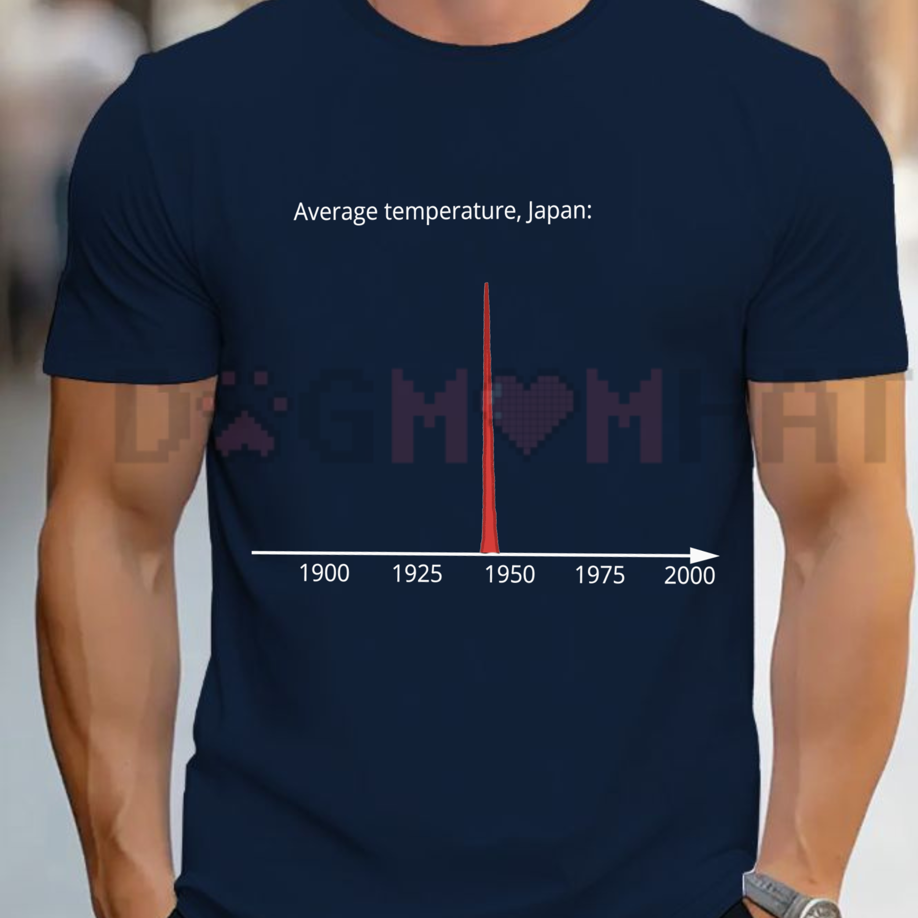 Front view of the Average Temperature Japan 1945 T-Shirt showing the minimalist dark humor history chart design - dogmomhat