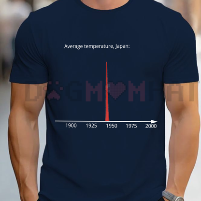 Front view of the Average Temperature Japan 1945 T-Shirt showing the minimalist dark humor history chart design - dogmomhat