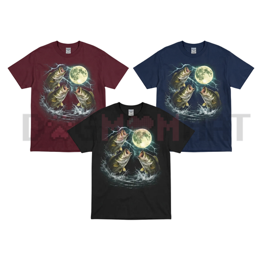 Front view of the Bass Fish Moon 90s Vintage Graphic T-Shirt in a casual outdoor setting - dogmomhat