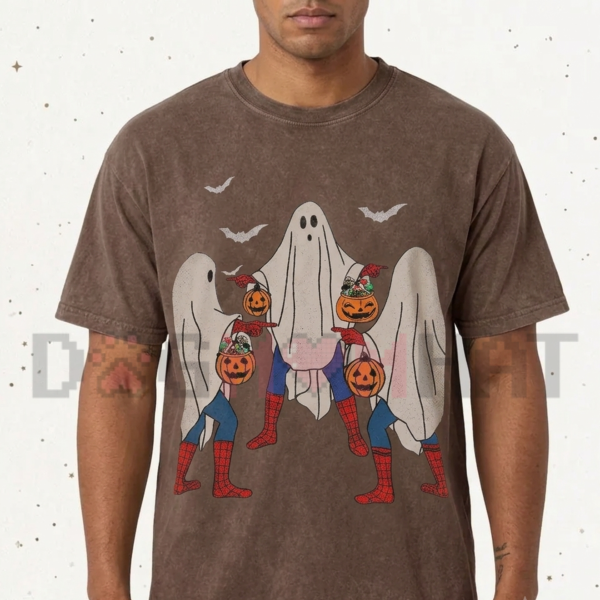 Front view of the Bedsheet Ghost Pumpkin Vintage T-Shirt displaying distressed bedsheet ghost and pumpkin graphics printed across the chest. - dogmomhat