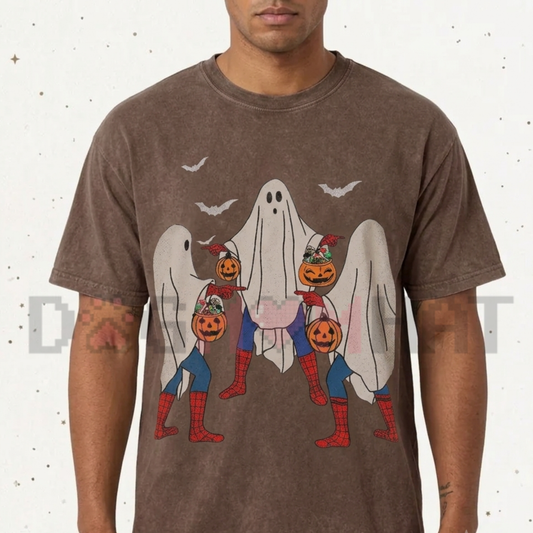 Front view of the Bedsheet Ghost Pumpkin Vintage T-Shirt displaying distressed bedsheet ghost and pumpkin graphics printed across the chest. - dogmomhat
