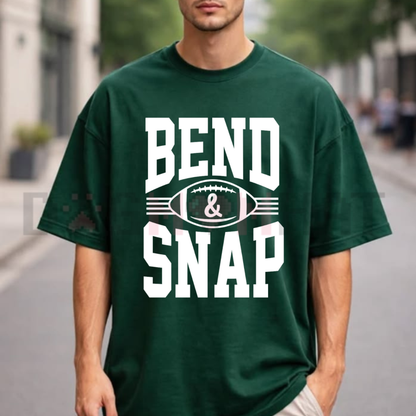 Front view of the Bend And Snap Football T-Shirt showing the bold typography and sports mashup meme design - dogmomhat