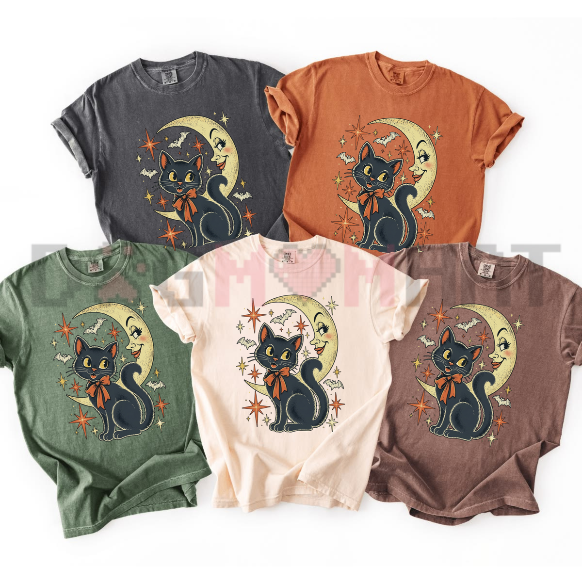 Front view of the Black Cat Witchy Moon T-Shirt displaying gothic black cat on crescent moon with pumpkins printed across the chest. - dogmomhat