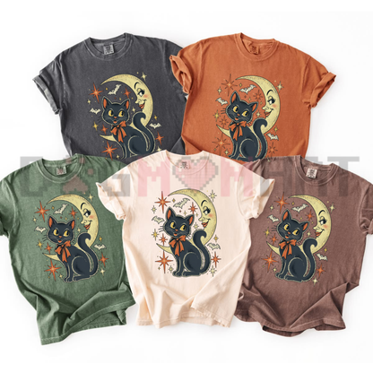 Front view of the Black Cat Witchy Moon T-Shirt displaying gothic black cat on crescent moon with pumpkins printed across the chest. - dogmomhat