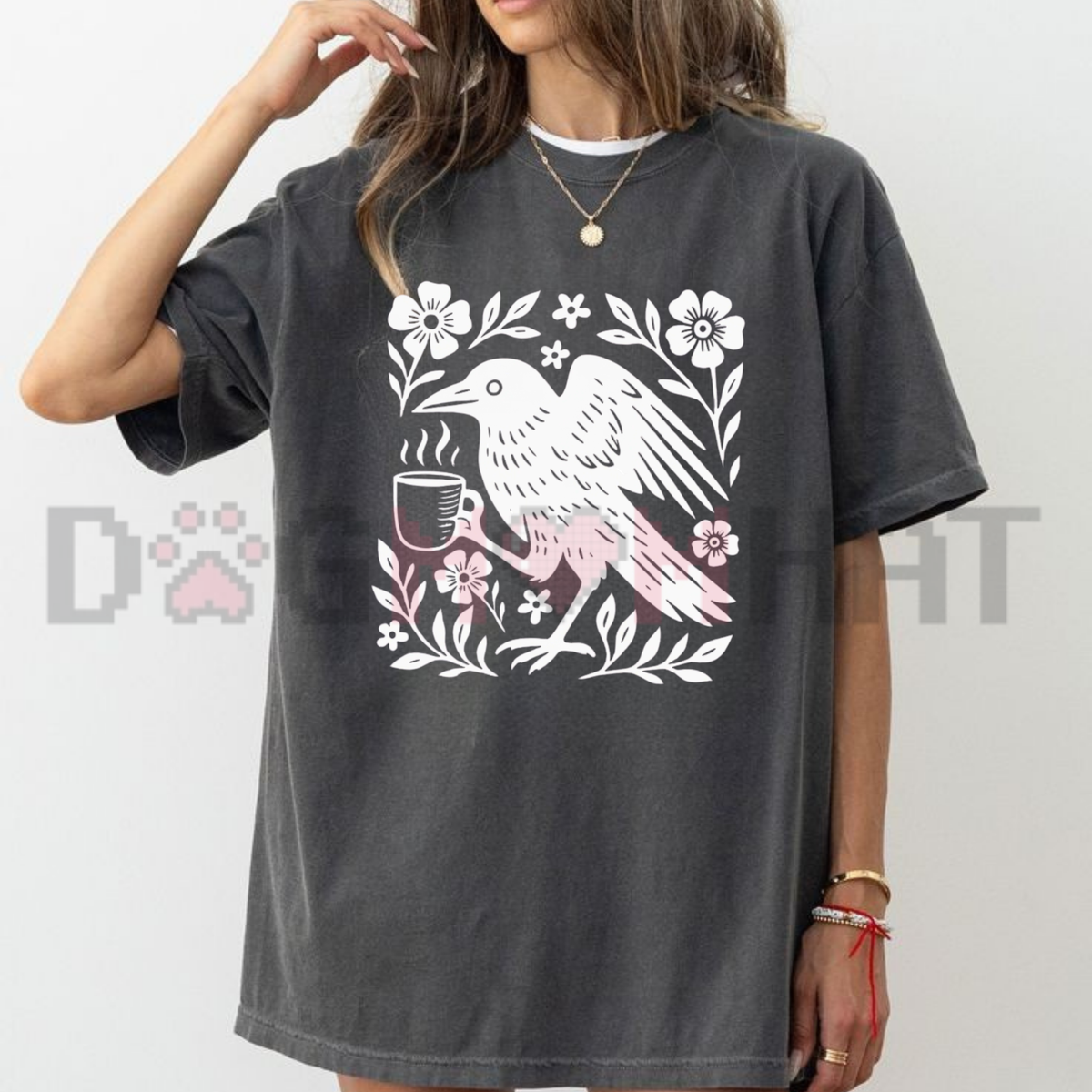 Front view of the Boho Crow Coffee T-Shirt displaying celestial crow holding a coffee cup graphic printed across the chest. - dogmomhat