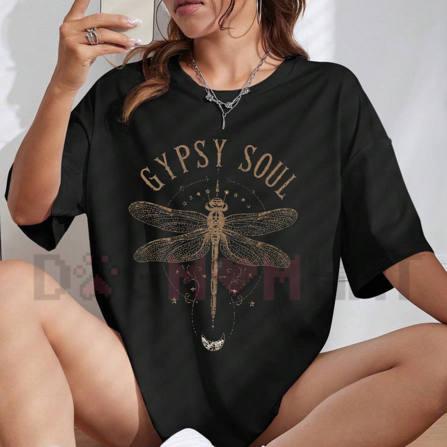Front view of the Boho Dragonfly Gypsy Soul Shirt showing the detailed vintage mystical graphic design - dogmomhat