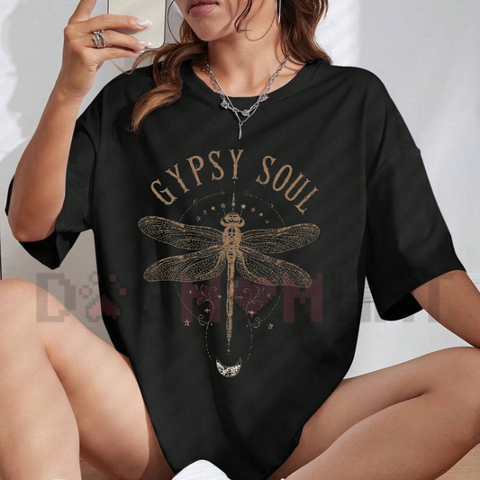 Front view of the Boho Dragonfly Gypsy Soul Shirt showing the detailed vintage mystical graphic design - dogmomhat