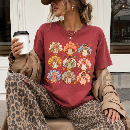 Front view of the Boho Turkey Thanksgiving T-Shirt displaying floral wild turkey and Give Thanks typography printed across the chest. - DOGMOMHAT