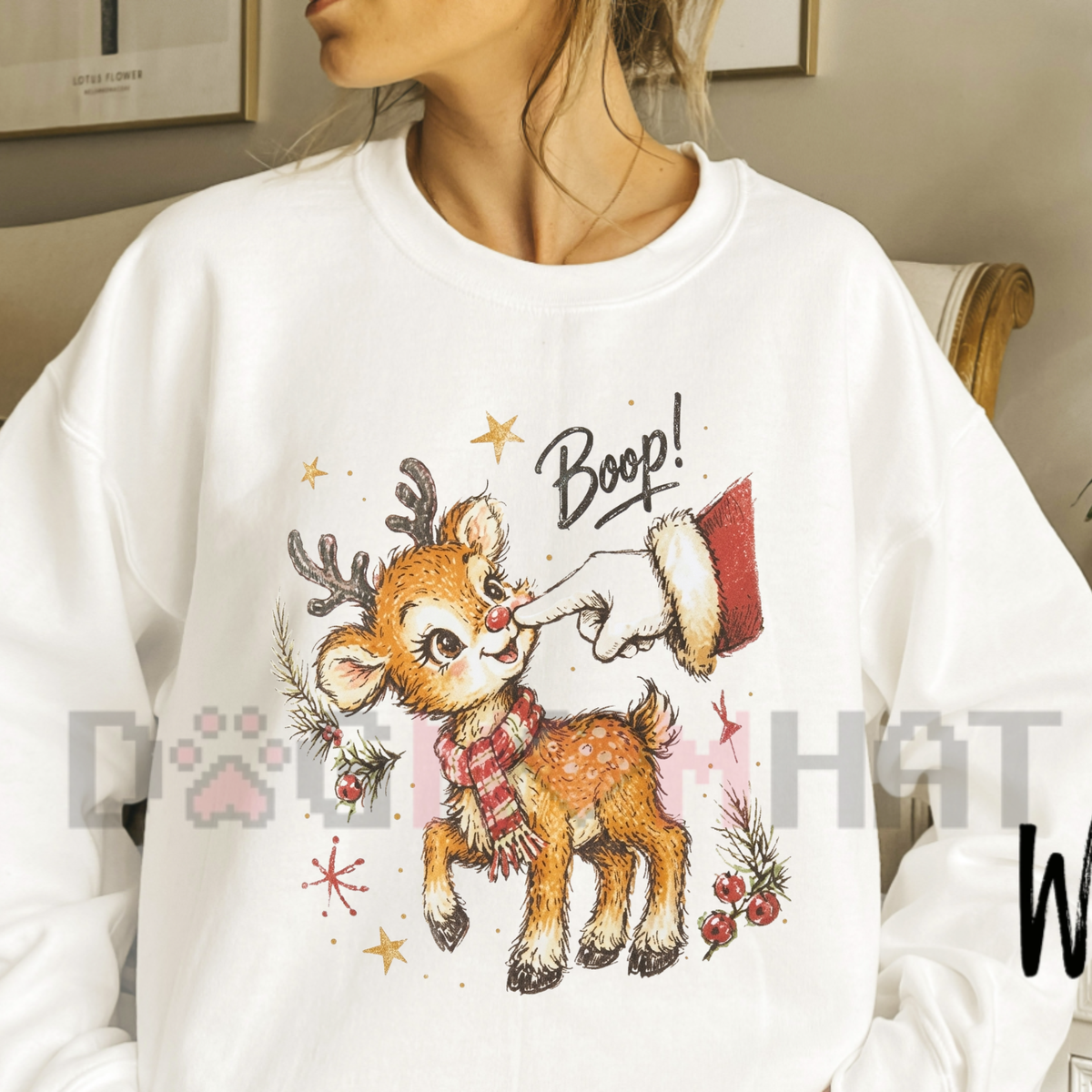 Front view of the Boop Deer Graphic Sweatshirt displaying cute fawn illustration and boop typography printed across the chest. - dogmomhat