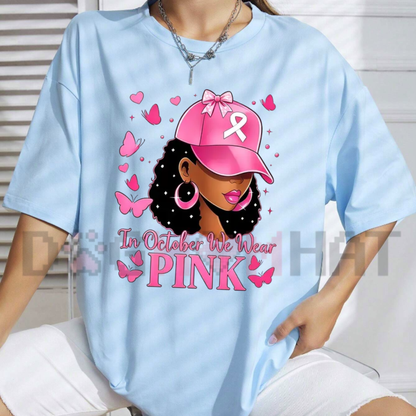 Front view of the Breast Cancer Awareness T-Shirt displaying cute pink ribbon butterfly artwork printed across the chest. - dogmomhat