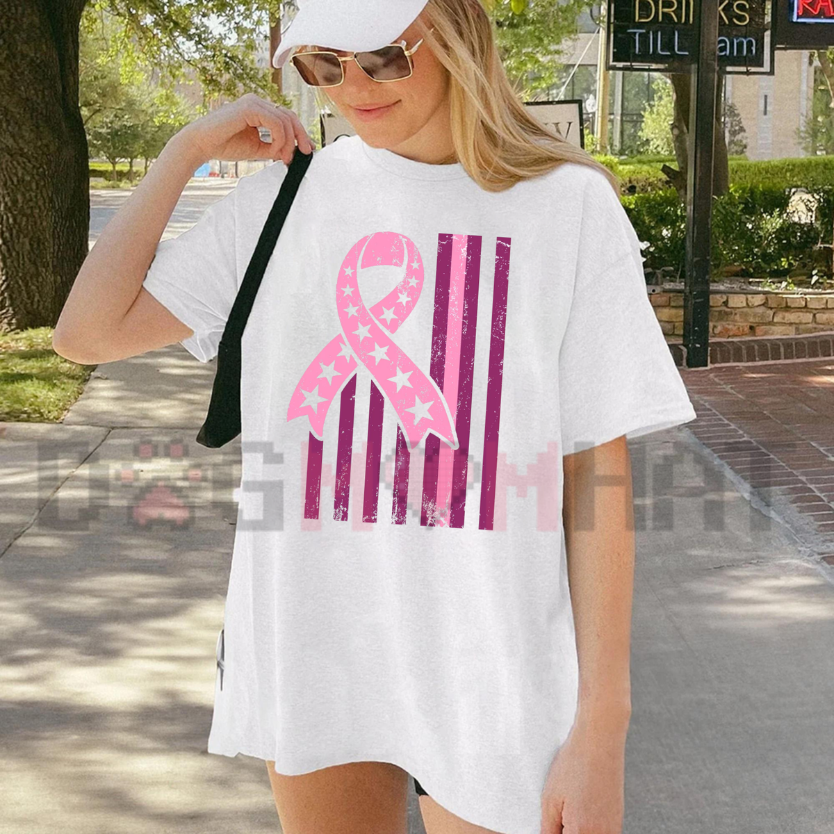 Front view of the Breast Cancer Flag T-Shirt displaying patriotic American flag pink ribbon graphic art printed across the chest. - dogmomhat