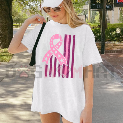 Front view of the Breast Cancer Flag T-Shirt displaying patriotic American flag pink ribbon graphic art printed across the chest. - dogmomhat