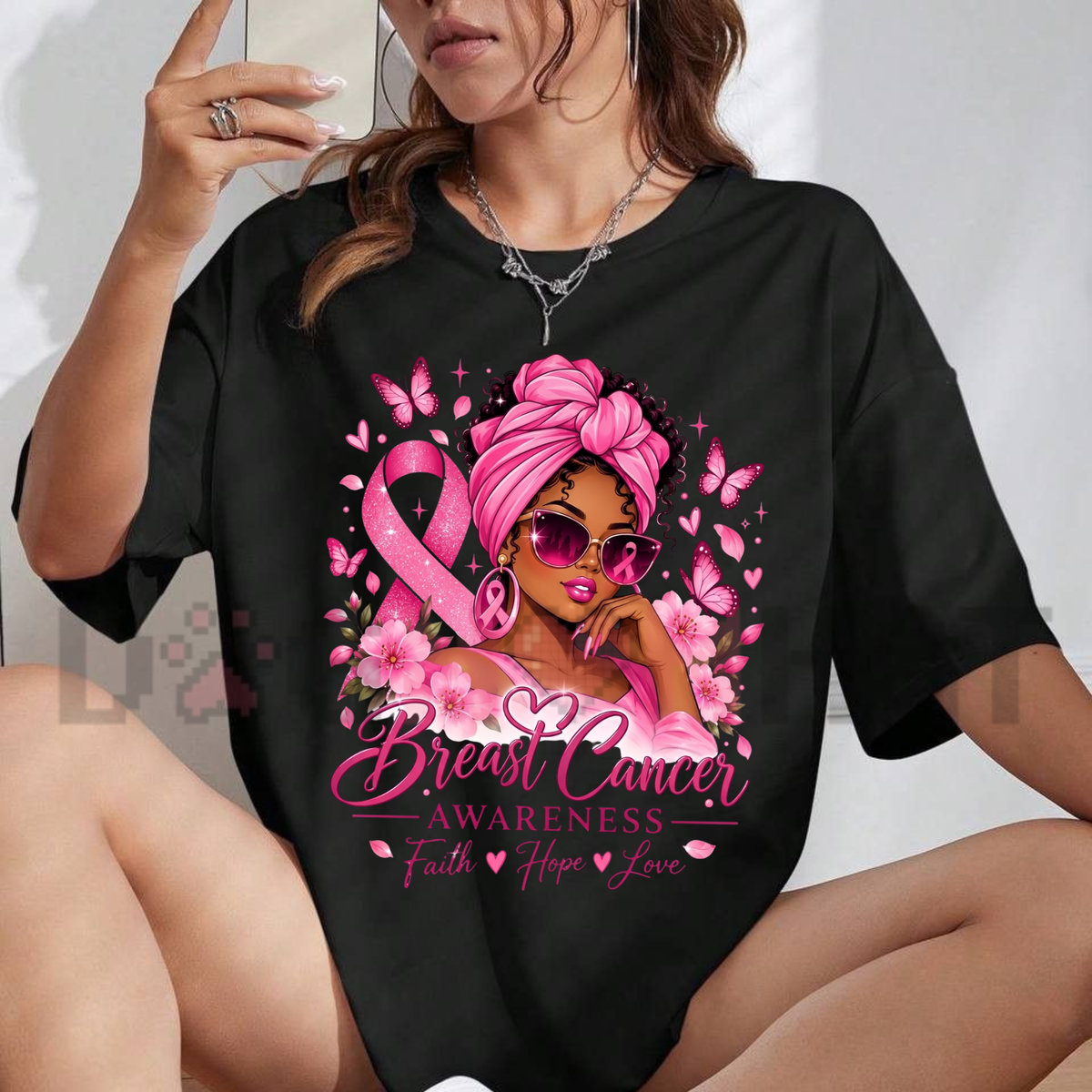 Front view of the Breast Cancer Survivor T-Shirt displaying boxing woman graphic art with angel wings and pink ribbon printed across the chest. - dogmomhat