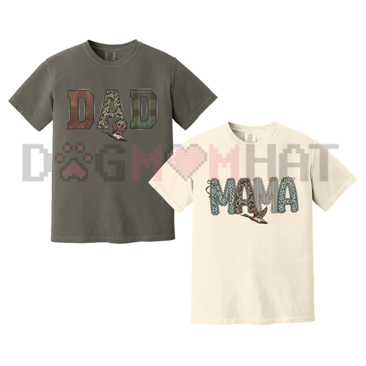 Front view of the Camo Mama and Dada T-Shirts displaying woodland camouflage typography printed across the chest. - dogmomhat