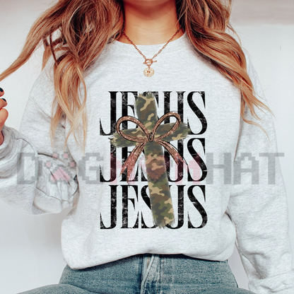 Front view of the Camo Pattern Jesus Sweatshirt displaying camouflage cross graphic artwork printed across the chest. - dogmomhat
